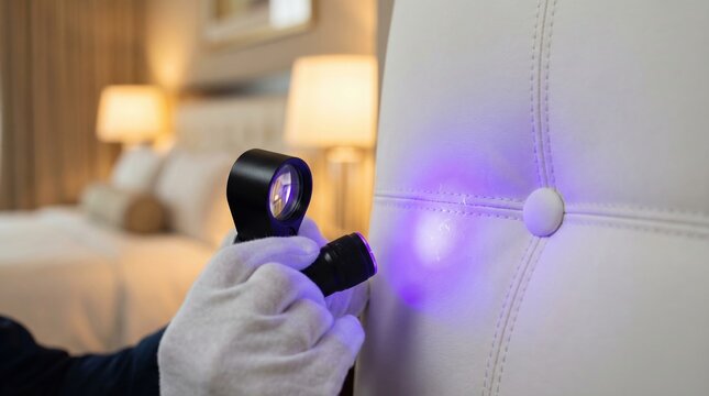 A gloved hand uses a UV flashlight and magnifier to inspect a white headboard for stains or pests. Professional hygiene check in a hotel room. Useful for cleaning or safety content.