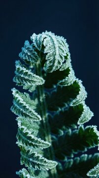 Close-up of a green fern leaf covered in white rime frost. The atmosphere is cold and serene with a dark blue backdrop. Perfect for nature, winter, or seasonal design themes.