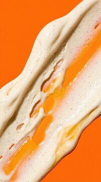 Thick white cream with exfoliating particles smeared on vibrant orange surface. Clean and minimalist beauty aesthetic. Perfect for skincare marketing or cosmetic product presentation.
