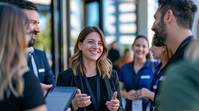 multicultural group of customer greeters assembles outside busy urban transit hub entrance, AI scientific paper writing tool displayed on orientation tablet during briefing, varied uniforms and name