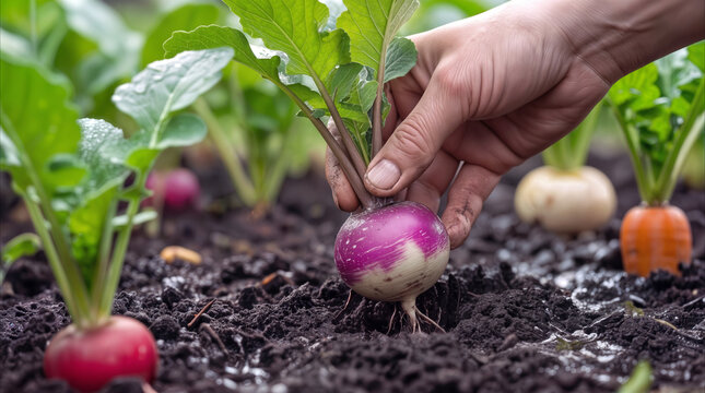 Gardener hand pulling fresh purple turnip from fertile soil. Harvesting organic root vegetables in home garden.