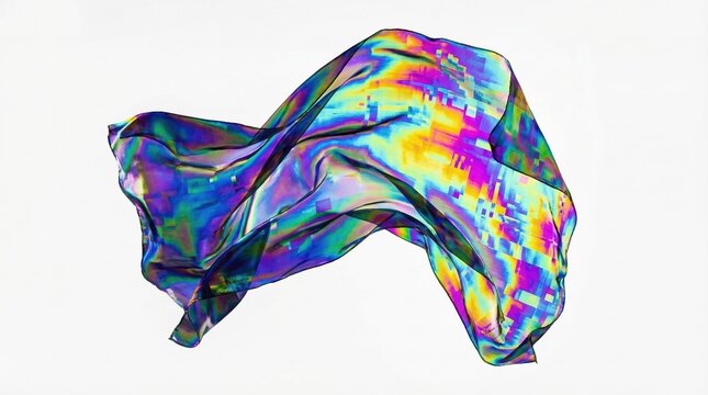 A flowing iridescent fabric with a pixelated glitch pattern floats on white. This image blends tactile textile with digital distortion. Perfect for modern artistic design projects.