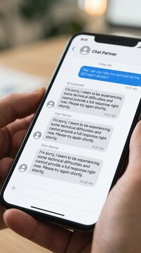 Smartphone held in hands displaying repeated technical error messages from an AI assistant. Concept of technology failure and system downtime. Use for tech articles and blogs.