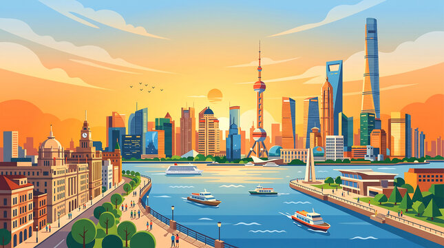 Shanghai city skyline with oriental pearl tower and pudong skyscrapers at sunset
