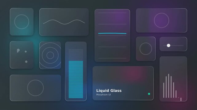 Glassmorphism UI kit with liquid glass elements. Frosted glass dashboard widgets for futuristic app design. Dark translucent interface.