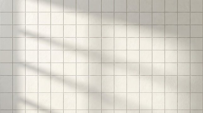 Clean white square tile wall with soft window shadows cast diagonally. Minimalist, bright, and serene atmosphere. Ideal for interior design mockups, bathroom or kitchen backgrounds.