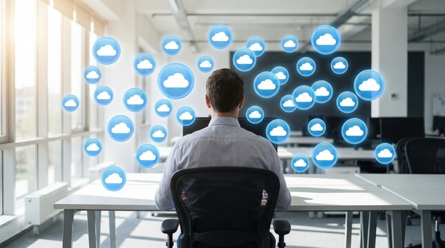 A man sits at a desk surrounded by floating cloud icons. This represents cloud storage, data networking and digital connectivity. Ideal for IT business and technology marketing materials.