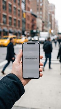 Hand holding a cracked smartphone showing a server unavailable error. Set against a busy urban city background representing disconnection. Ideal for technology and connectivity articles.