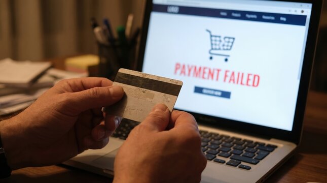 Hands hold a credit card before a laptop displaying a payment failed message. Illustrates frustration with online transactions. Ideal for content on e-commerce errors and financial issues.