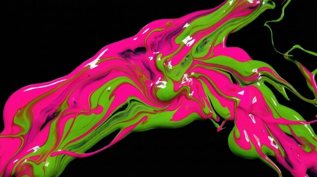 Vibrant pink and lime green paint swirling together in a dynamic splash. The high contrast against the black background creates a bold energetic mood. Perfect for modern art or music covers.