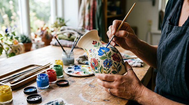 Close up of painter applying intricate floral motifs on a handmade clay pottery piece with painting handmade creative decoration workshop handcrafted craftsmanship