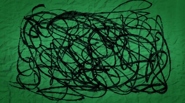 Green paper with black marker doodles motion graphic backdrop. Seamless looping wrinkled grunge paper texture background.