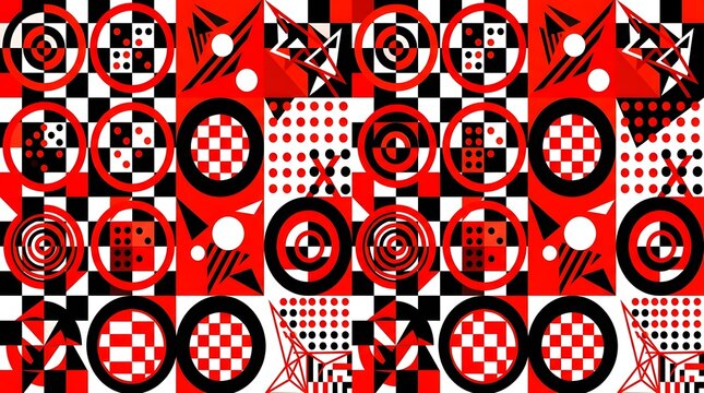 Abstract geometric pattern design featuring vibrant red black and white colors with diverse shapes including circles squares dots and triangles arranged in a complex rhythmic grid layout 