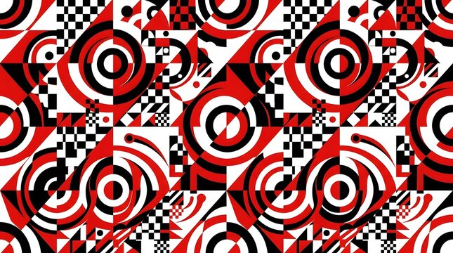 Vibrant geometric pattern featuring bold red black and white shapes arranged in a complex repeating tile design that showcases artistic circles squares and intricate checkerboard elements created 