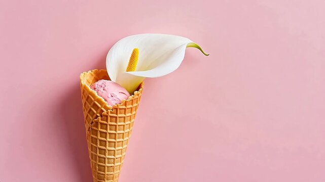 White calla lily and pink ice cream in waffle cone