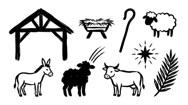 Hand drawn nativity scene elements with stable manger animals star and palm leaf for religious holiday design