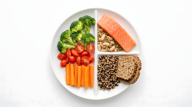 Overhead view of a white plate divided into balanced food portions featuring broccoli, carrots, tomatoes, grilled salmon, whole grains, and seeds. Represents healthy eating, portion control
