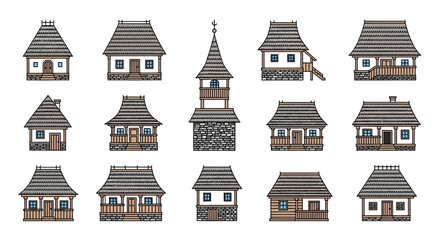 Fototapeta premium Collection of Traditional Romanian Houses and a Wooden Church Bell Tower.