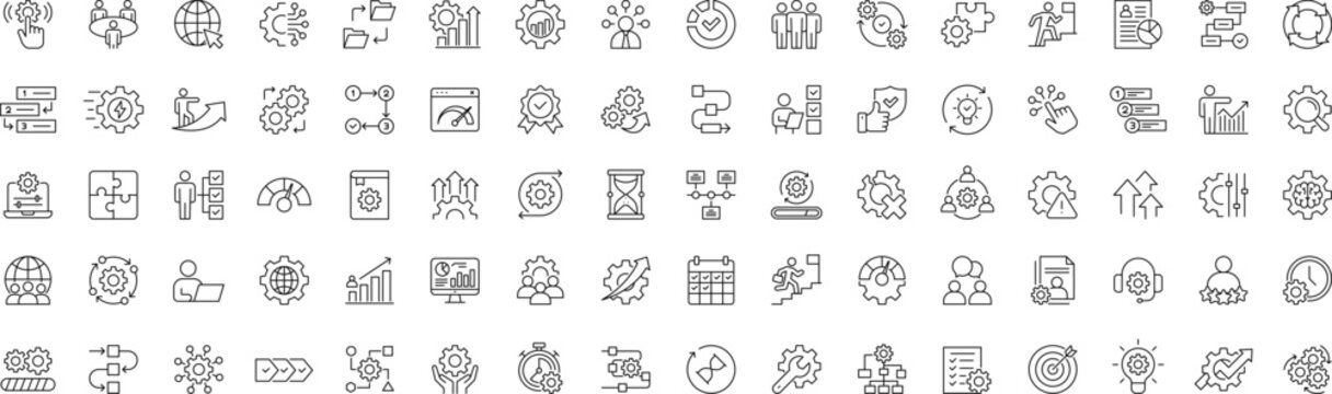 Gear wheels, integration, operations, management, development, and engineering flat line icon set.