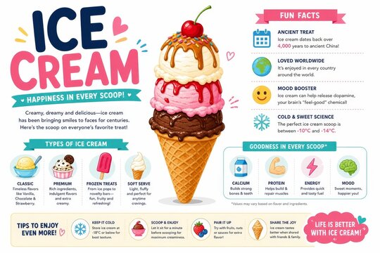 Colorful Educational Ice Cream Infographic with Fun Facts and Health Benefits