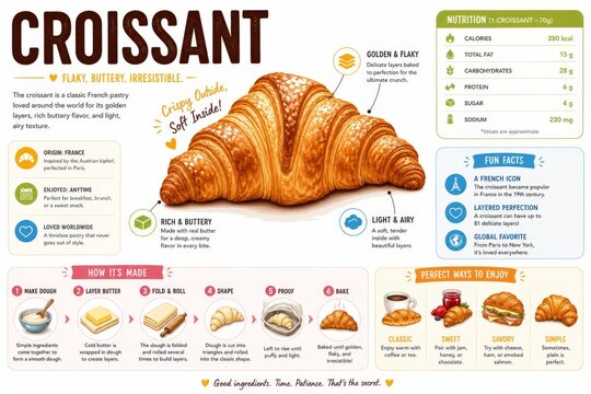 Comprehensive Croissant Infographic Poster with Nutrition Facts, Baking Process and Fun Facts