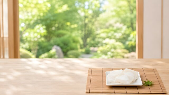 竹敷きの角皿に置いた羽二重餅 庭の緑を望む窓辺の初秋の和菓子