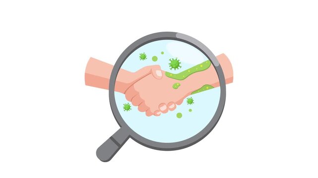 4K animation of a handshake under a magnifying glass revealing bacteria and germs on hands, symbolizing hygiene, contamination, infection risk, disease transmission, and health awareness.