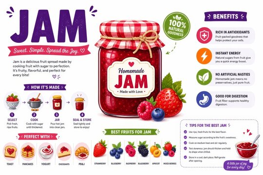 Homemade Fruit Jam Infographic with Health Benefits Recipe Steps and Food Pairings