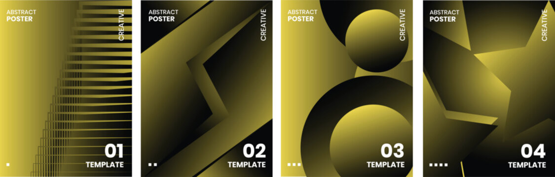 Set of four abstract modern posters with geometric shapes and gradient yellow and black color palette