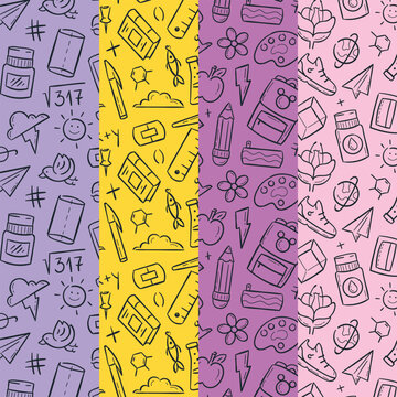 School Education Hand Drawn Seamless Doodle Pattern with Academic Symbols Vector Illustration