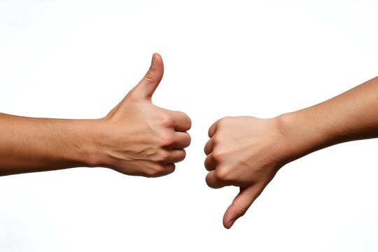 Two hands gesture approval and disapproval against a plain white background