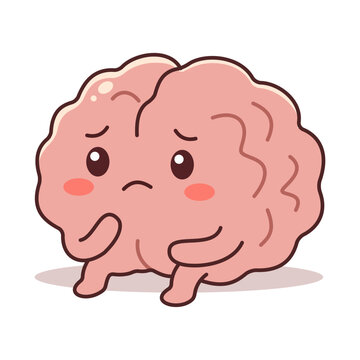 Cute brain mascot sitting with tangled abstract lines, maze, and idea bubbles overhead. Perfect vector illustration for mental health, overthinking, anxiety, psychology, and productivity concepts.