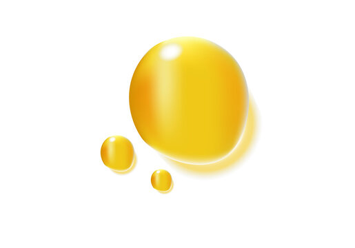 Realistic transparent golden oil drops on white background. Golden liquid bubbles skin care for health product advertising
