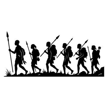 African tribal warriors silhouette vector, indigenous hunters marching with spears and bows, traditional safari expedition graphic isolated on White Background