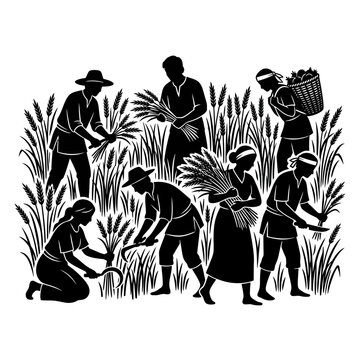 Vintage woodcut style farmers harvesting wheat, black and white silhouette of agricultural workers in field, traditional rural farming vector illustration isolated on White Background