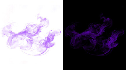 Purple smoke swirls on white and black backgrounds, ethereal violet vapor clouds, mystical ink in water effect for creative design overlays © Nurshita