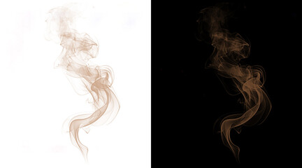 Fototapeta premium Ethereal brown smoke wisps on black and white backgrounds, swirling steam vapor trails, mystical incense smoke plumes for design overlays