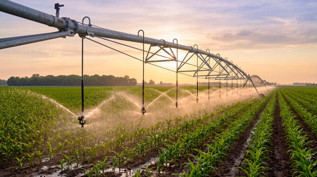Large center pivot irrigation system spraying water over a green crop field at a dramatic sunset sky