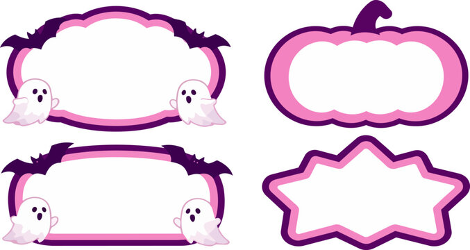 Halloween pink and purple frame set, cute ghost and bat border collection, spooky pumpkin shaped labels for party invitations and scrapbooking