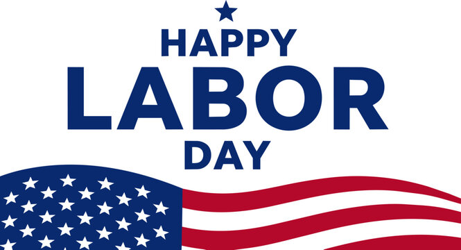Happy Labor Day typographic banner, American flag with stars and stripes, patriotic United States holiday greeting vector for marketing and social media