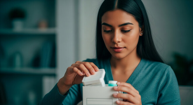 A young woman opening a white medical container or medicine box at home, focusing on her health care and wellness routine in a calm indoor setting.