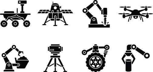 Robotics and autonomous exploration vector icons set featuring space rover lander drone and robotic arm © MStRehena