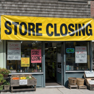 A bold yellow "Store Closing" banner is displayed prominently on a small-town store with signs in the windows and produce out front