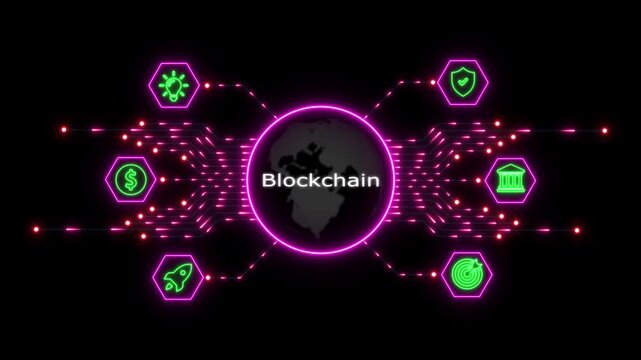 Blockchain technology concept with rotating digital globe and neon network cryptocurrency and fintech data visualization background