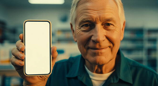 Smiling Senior Man Holding a Smartphone with Blank White Screen for Mockup in a Pharmacy Office Setting, Elderly Person Using Technology for Health Apps