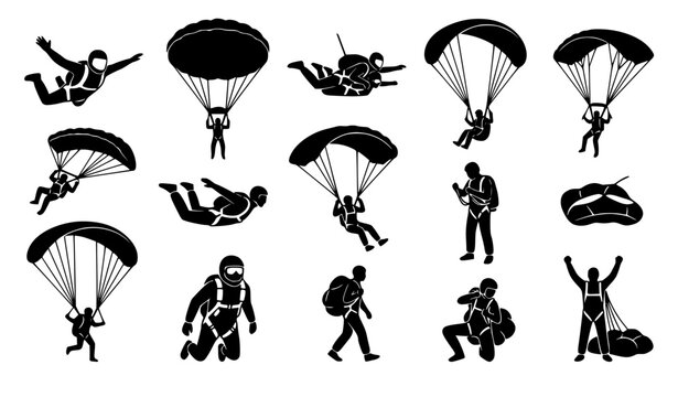 Skydiving and military paratrooper training silhouettes set featuring extreme skydivers freefalling, parachuting descent flight, tactical combat gear preparation, air rescue instructors, and landing m