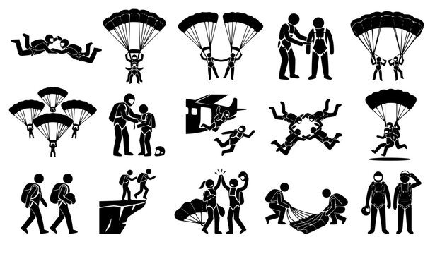 Skydiving and parachuting extreme sports silhouettes set featuring skydivers jumping from airplane, tandem instructors freefall, parachute canopy formation flight, military paratrooper training, and a