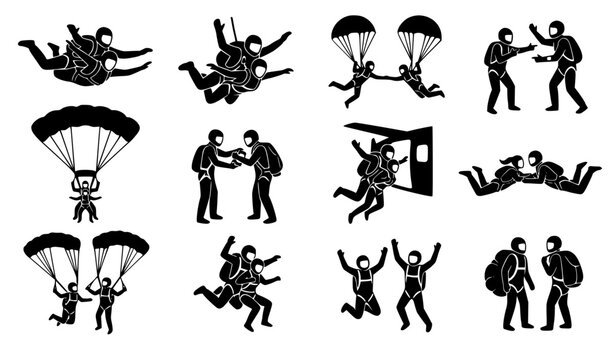 Skydiving extreme sport silhouettes set featuring skydivers jumping out of airplane, tandem freefall, parachuting flight descent, professional air instructors, gear preparation, and tactical military 