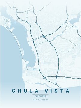 Modern Chula Vista City Map Poster Design, Ocean Style Urban Street Grid Cartography