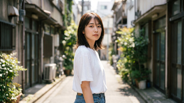 日本の路地裏に立つ若い日本人女性のポートレート
